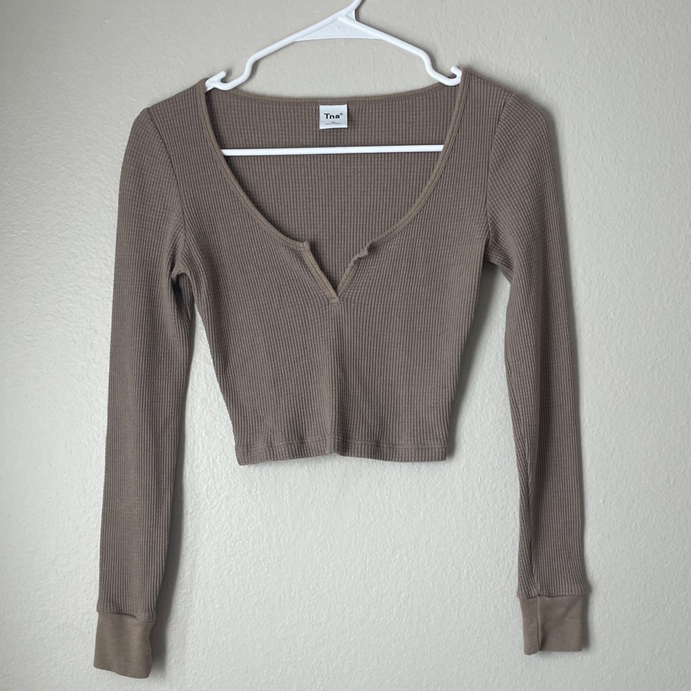 Aritzia Taupe Ribbed V-Neck Blouse